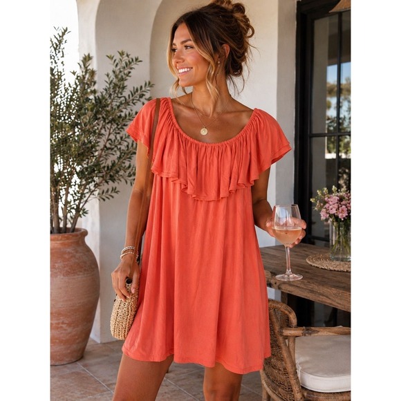 Dresses & Skirts - Solemio Coral Ruffle Swing Dress 🍑🌺